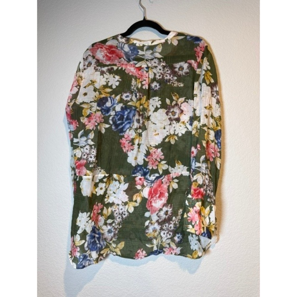 Aratta Silent Journey Floral Velvet Trim Embroidered 3/4 Button Top XL Olive - Picture 4 of 7